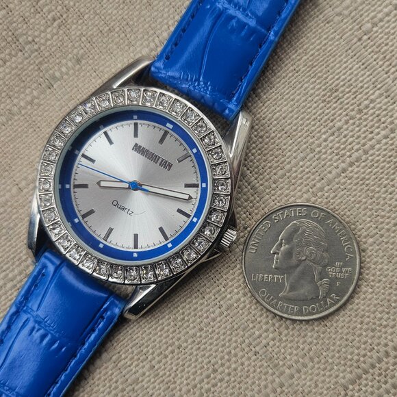 Manhattan by Croton Women Watch Crystal Accent Blue Leather Band Wrist Watch - Picture 10 of 11